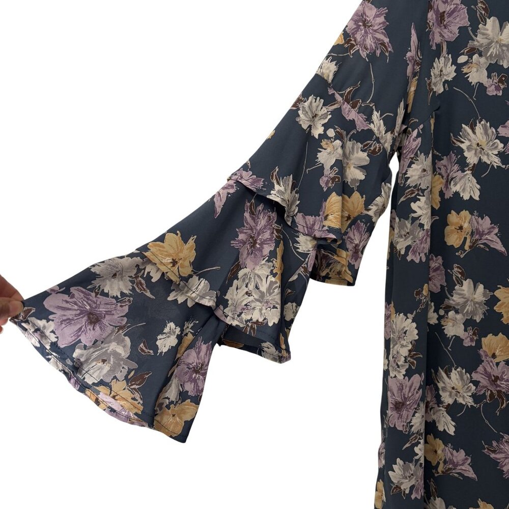 Floral Bell Sleeve Tunic Dress By Rokoko L - Teal Blue, Purple & Yellow - Picture 3 of 11